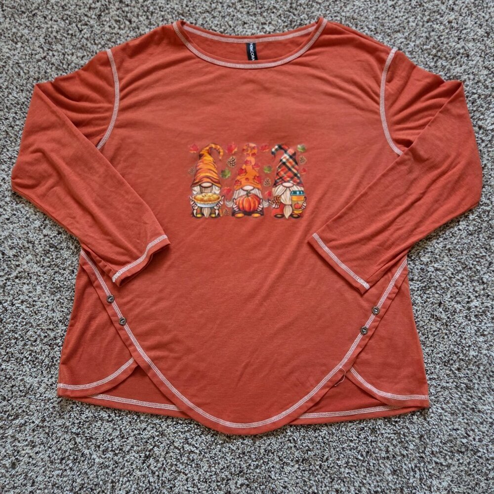 Noracora Women Long Sleeve Fall Gnome Halloween Leaves Print Shirt Size XL NWT